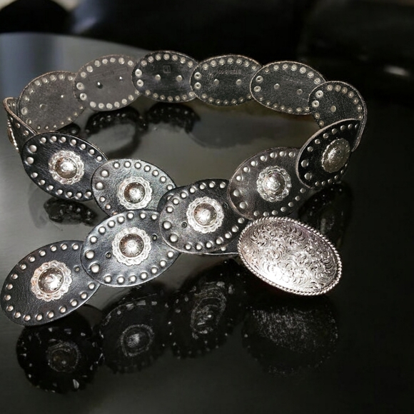 Fossil Studded Brown Leather with Concho Belt Women's L Engraved Buckle BOHO - Picture 2 of 7